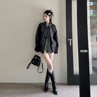 Maillard Leather Coat Women's Spring and Autumn New Loose Slimming American Style Trendy Cool Hot Girl Motorcycle Leather Jacket