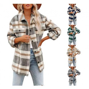 European and American Foreign Trade New Amazon Explosive Women's Wool Plaid Shirt Flannel Loose Shirt Jacket Coat