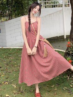 Ankora Red Plaid Sling dress Women's Summer Dummy Dali Seaside Vacation Dress