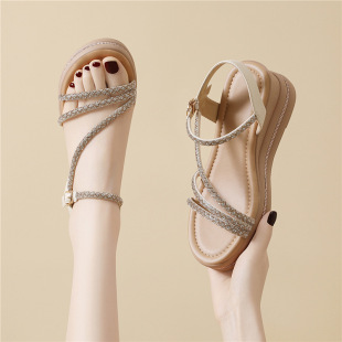 Casual Style Summer Mid-heel Sandals Women's Thick-soled Outer Wear Breathable One-word Buckle Sandals Women's Rhinestone Elegant Roman