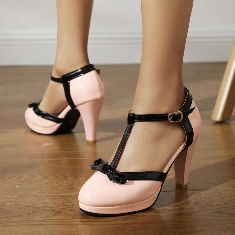 Foreign Trade New European and American Patent Leather Sandals Rim Bow T-strap T-shaped Shoes Thick High Heel Large Size Women's Shoes