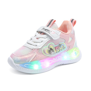 Girls cartoon soft bottom sneakers 2023 Spring and Autumn new mesh breathable comfortable Children's casual LED light shoes