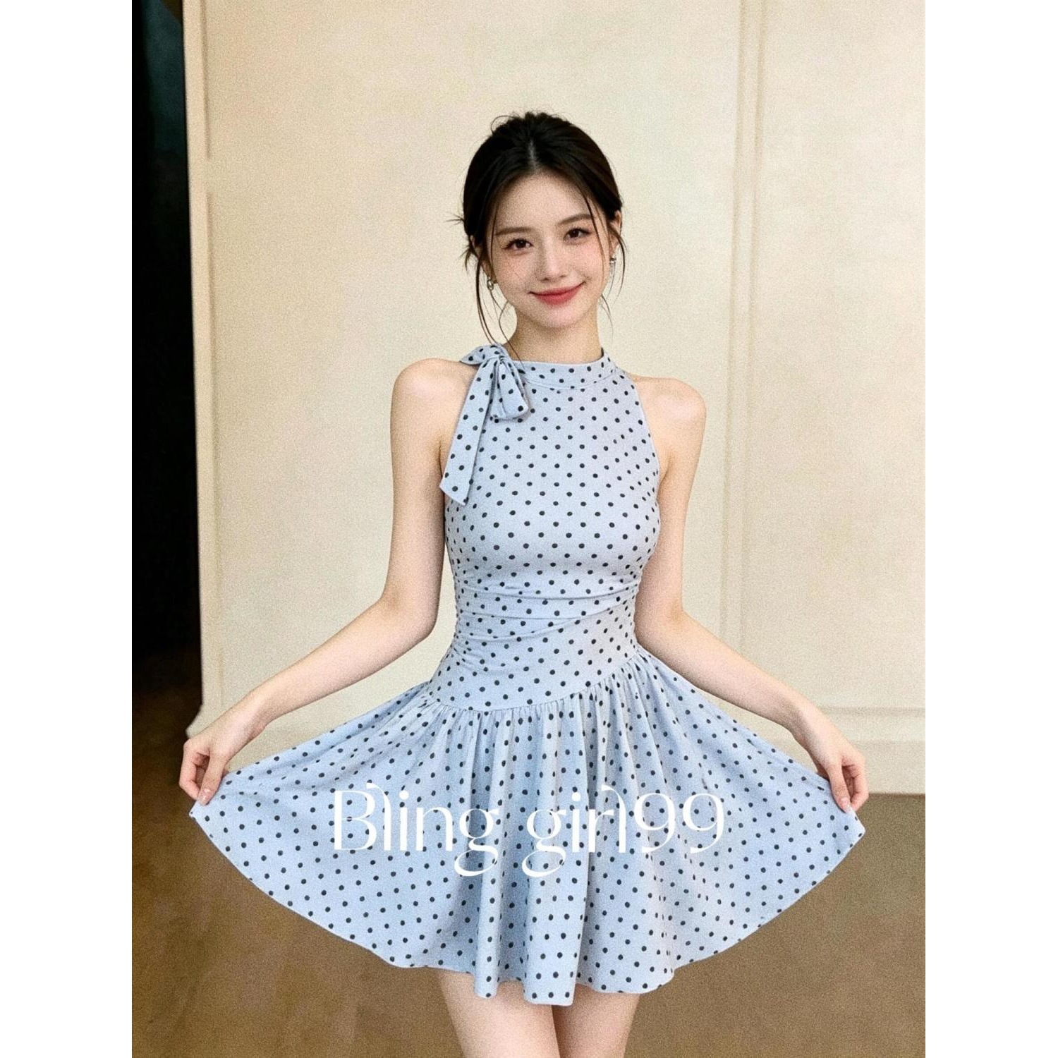【Cool and Elegant Lady】Polka Dot Sleeveless Slimming French Retro Fresh Summer Resort Style Hot Spring Swimming Dress for Women