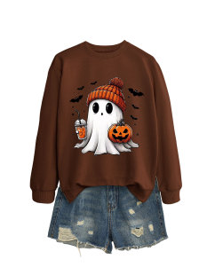 European and American European Size Fashion Long Sleeve Shirt Ghost Milk Tea Pumpkin Bat Fashion New Round Neck Sweater for Women 2024