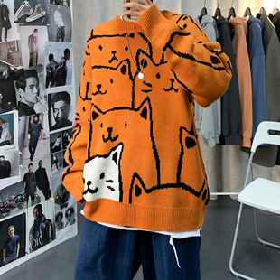 Japanese Cat Sweater Men's Ins Loose Trendy Brand Crewneck Sweater Fashionable Korean Style Personalized Couple Handsome Jacket
