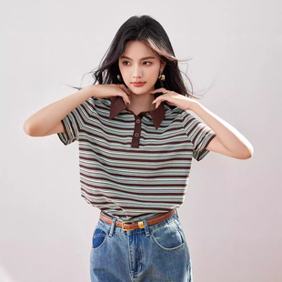 Hong Kong Style Retro Striped Polo Shirt Women's Summer 2024 New Korean Style Loose Slimming Design Color Contrast Short-sleeved T-shirt