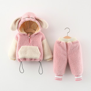 Girls' Lamb Velvet Thickened Two-piece 2021 New Winter Korean-style Suit Children's 3-4-year-old Winter Fashion Hair