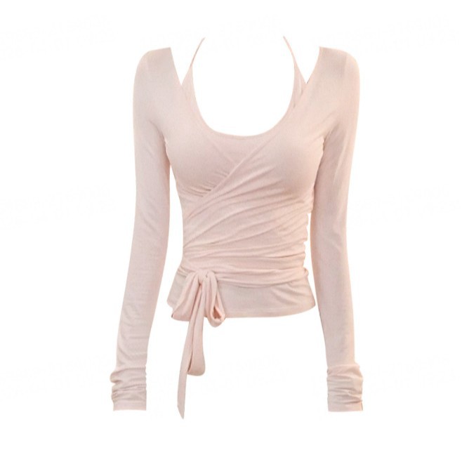 Purely Desirable and Gentle Pink Halter Neck Long-Sleeve Cardigan for Women, Summer Slim Fit Versatile Outerwear and Innerwear Two-Piece Set