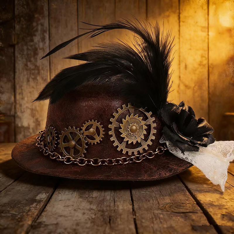 Music Festival Carnival Gothic Punk Style Gear Feather Mesh DIY Mini Doll Retro Hat Cross-Border