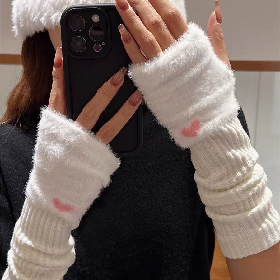 Half-Finger Gloves Women's Winter Exacting Finger Loveable Arm Sleeve Arm Cover Knitted Piled Sleeve Long Sleeve Warm