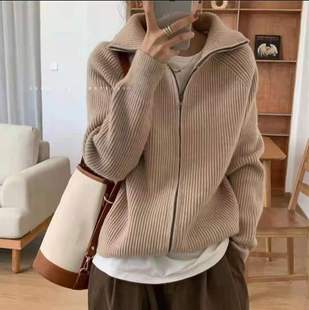2023 Autumn and Winter New Simple Casual All-match Lapel Sweater Jacket Design Sense Double Zipper Knitted Cardigan for Women