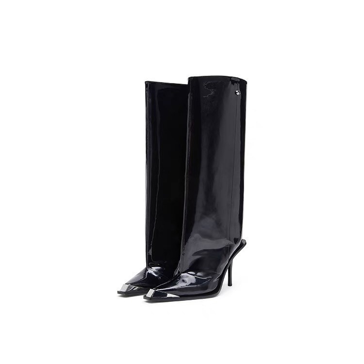 European and American New Stiletto Metal Pointed Toe Loose Straight Slip-On Boots Cross-Border Large Size Black Knight Boots