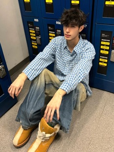 American Style Dachshund Blue Plaid Shirt Men's Long-sleeved 2025 Spring New Fashion Brand Loose Couple Shirt Jacket