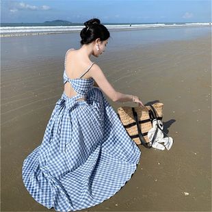 Blue and White Plaid Backless Camisole Women's 2024 Summer New High-Waisted Skirt Suit Two-Piece Tube Top Skirt