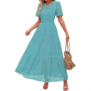 2025 European and American Foreign Trade Cross-border Women's Clothing Amazon V-neck A- shaped Hollow Lace Cake dress