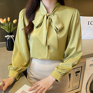 Real shot 2024 Spring and Autumn white long-sleeved chiffon shirt Women's draping Korean style ribbon top gentle style shirt