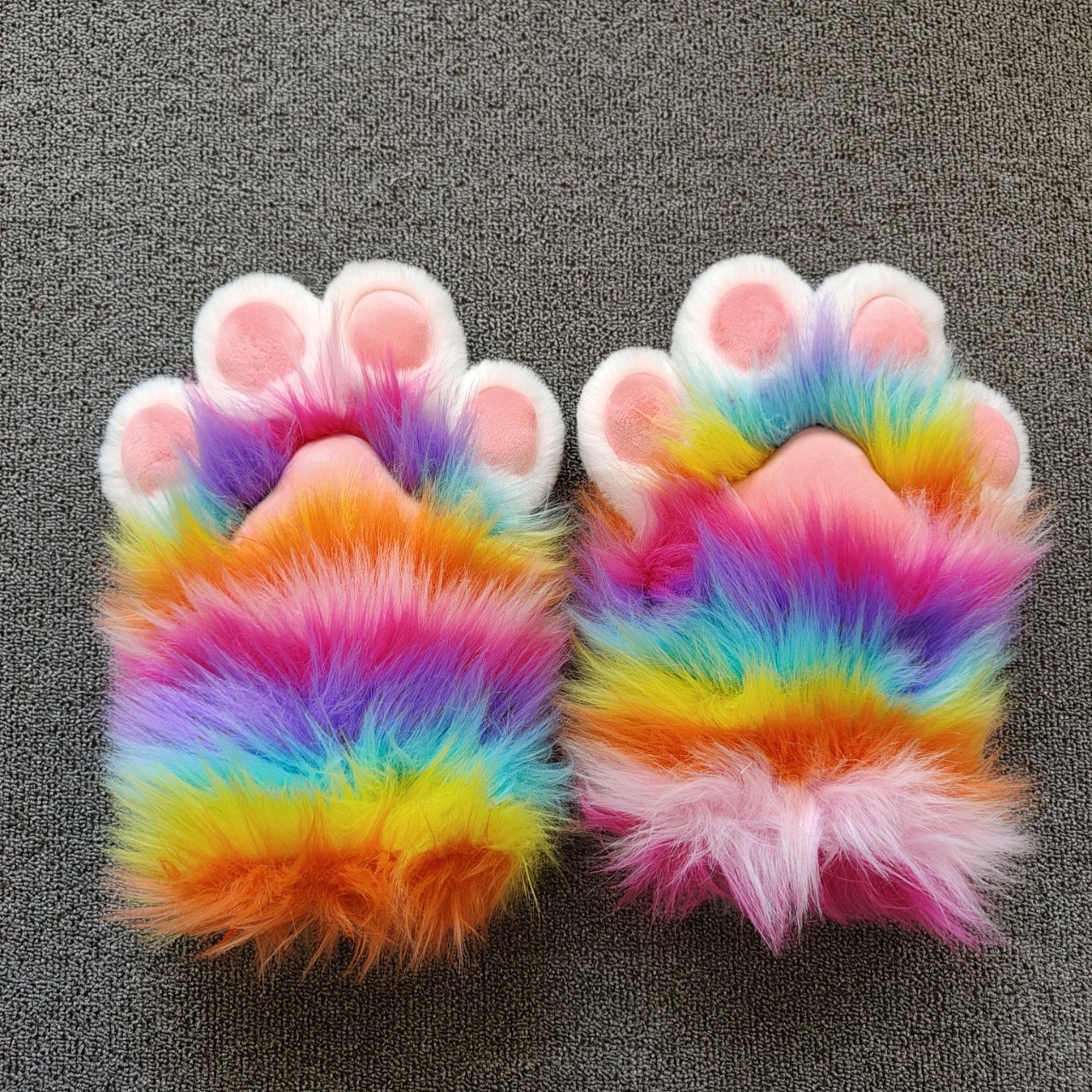 Plush Furry Animal Costume Paw Fingerless Gloves Fursuitcos Props Animal Claws Role-Playing Rainbow Gradient