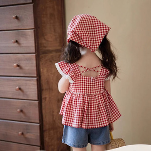 Girls' suit Summer New Baby Flying Sleeve Plaid Top Children's Denim Shorts Two-piece Set Children's Fashion