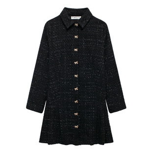 Foreign trade 2025 autumn new women's European and American style temperament lapel bow button decoration dress 4387703