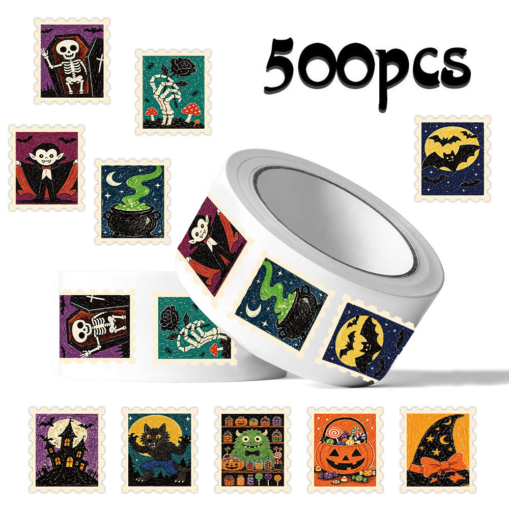 Cross-Border 500 Stickers/Roll Halloween Stamp Stickers Roll Holiday Journal Tape Gift Decoration Sealing Stickers Wholesale