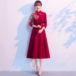 Платье-тост Cheongsam для невесты, осенне-зимнее платье в китайском винно-красном винном стиле Huimen, свадебное платье с длинными рукавами для помолвки для женщин