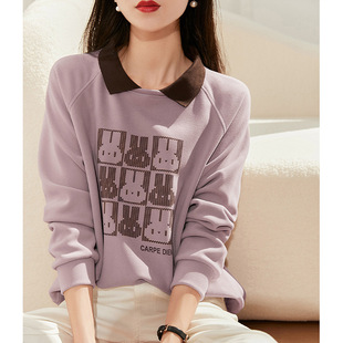 Rabbit Print Contrast Raglan Sleeve Fake Two-piece Casual Age-reducing Long-sleeved Pullover Women's Autumn