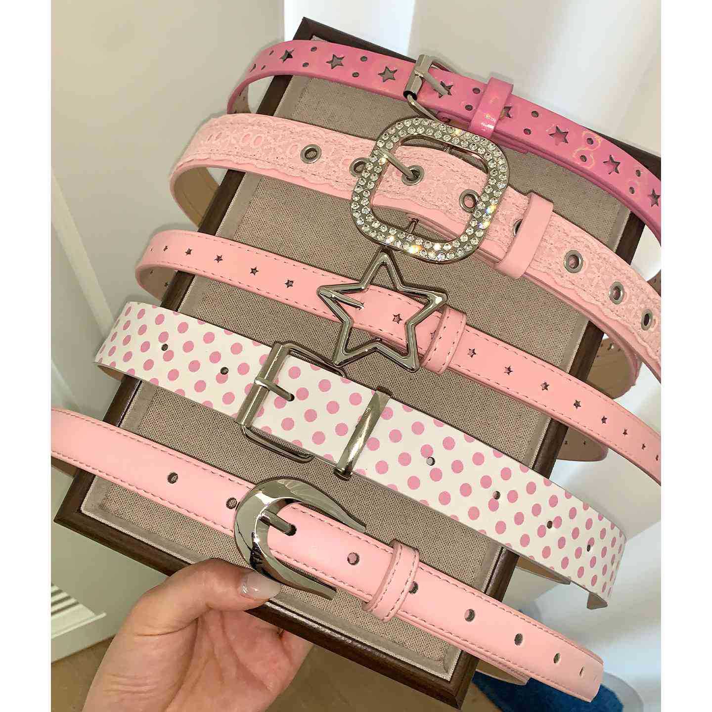 Sweet and Cool Y2K Pink Polka Dot Thin Belt for Women, Unique Design Belt in Spicy Girl Style, Paired with Jeans and Decorative Accessories