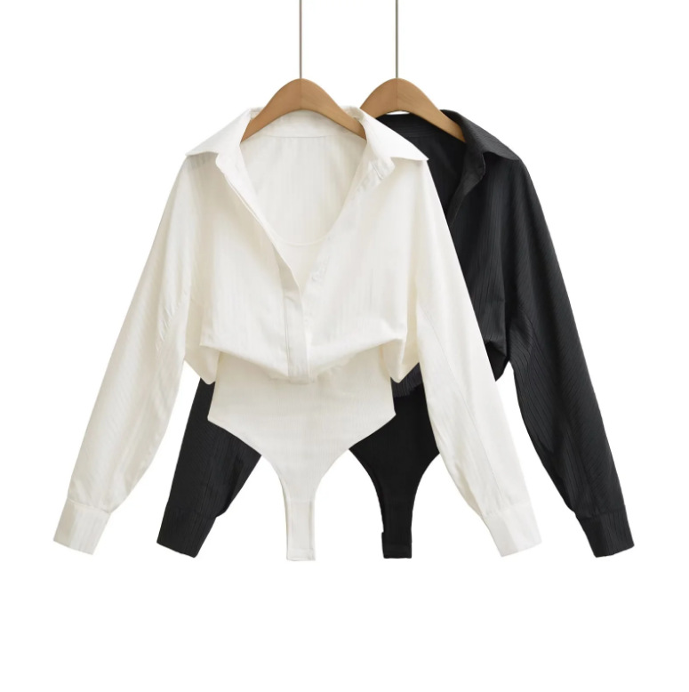 Polo Collar Long-Sleeved Shirt for Women 25 Autum New American Sexy Style Pure Color Slim Fake Two-Piece Waist Jumpsuit