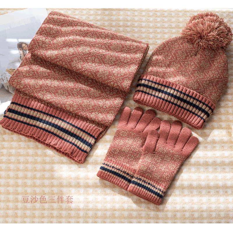 New winter warm knitted jacquard wool hat scarf gloves three-piece set