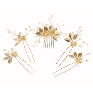 Amazon 5 pieces gold leaf coil hair comb pearl hair fork bride hair clip headdress vintage wedding hair accessories suit