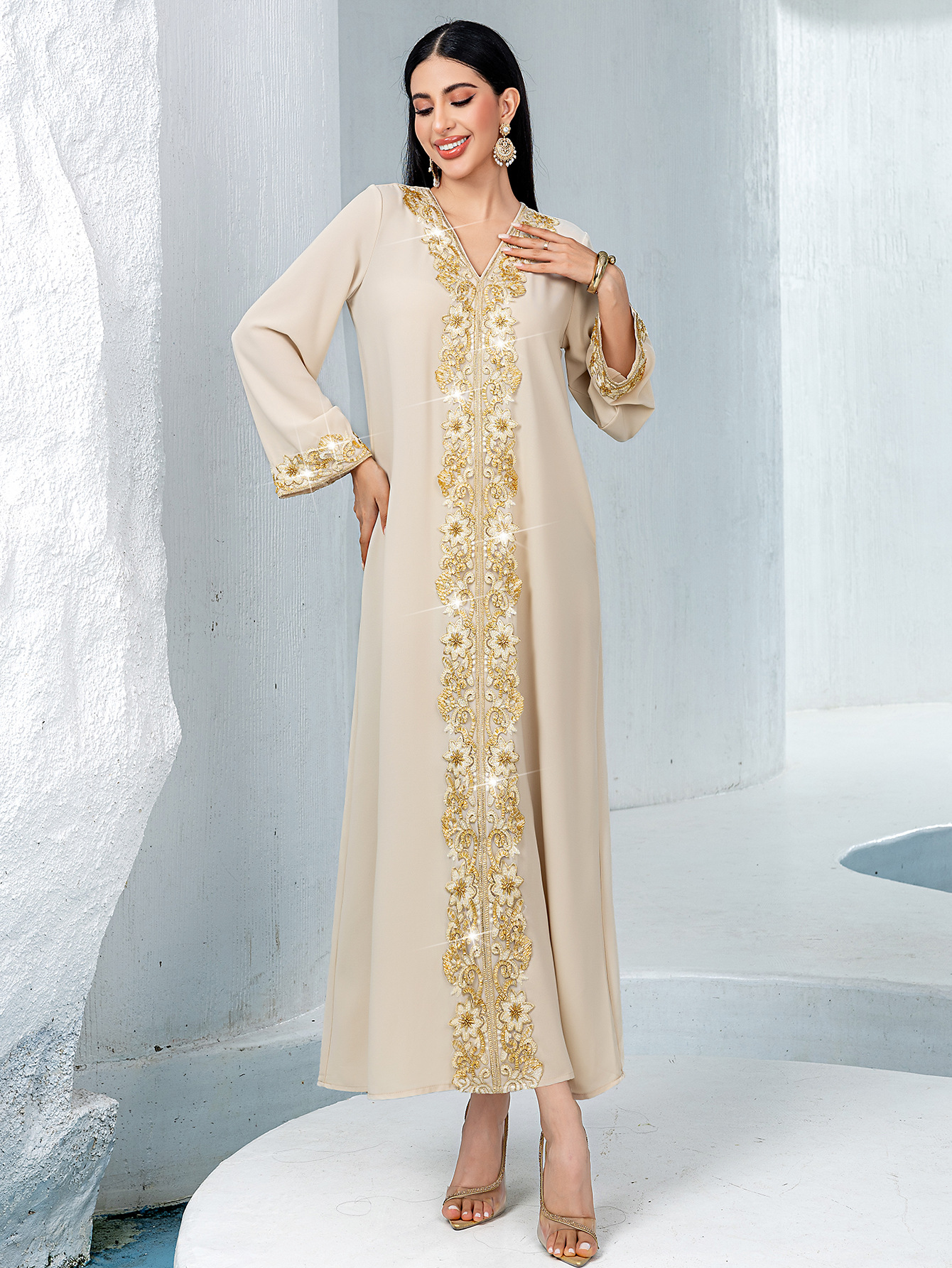 BA40931 New apricot V-neck A- line Dress Cross-border Fashion Gold Lace Bead Embroidered Lace Stitching Long Dress