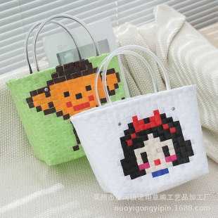Handmade Woven Bag Plastic Woven Bag Beach Bag Vegetable Basket Bag Large Capacity Cartoon Plastic Woven Handbag Children's Accompanying Gift