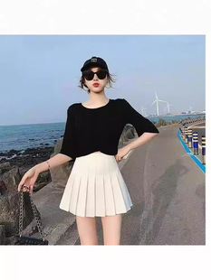 Pleated Skirt Short Skirt Women's Spring and Autumn New Arrival Skirt A- line Skirt High Waist Slimming Black and White Anti-slip Skirt Summer