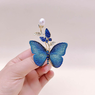 Embroidered Fabric Blue Butterfly Brooch Women's Fashion High-end Pearl Rhinestone Insect Pin National Fashion Clothing Accessories