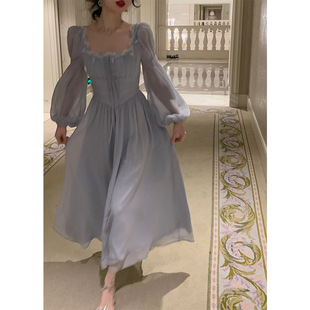 Hollow glaze square collar large skirt elegant fairy skirt texture high ji sense French style dress female 2023 Summer