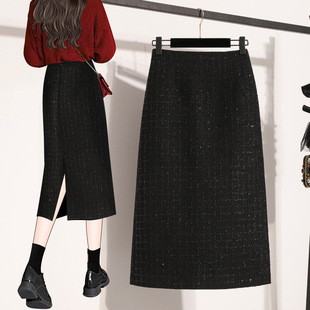 plus size Women's 2024 Autumn and Winter Ankora Red Shiny Velvet High Waist Straight Hip A- Line Split Skirt