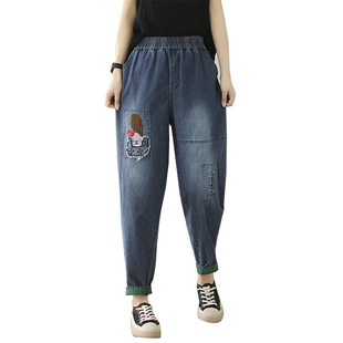Real Shot 2023 Spring and Summer Artistic Retro Loose Large Size Women's Stretch Embroidered Wash Water Nine-Fence Harlan Jeans