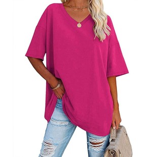 Cross-border European and American Women's Clothing Amazon Foreign Trade Spring and Summer New Color Loose Half-sleeve V-neck Cotton Belted Women's Top