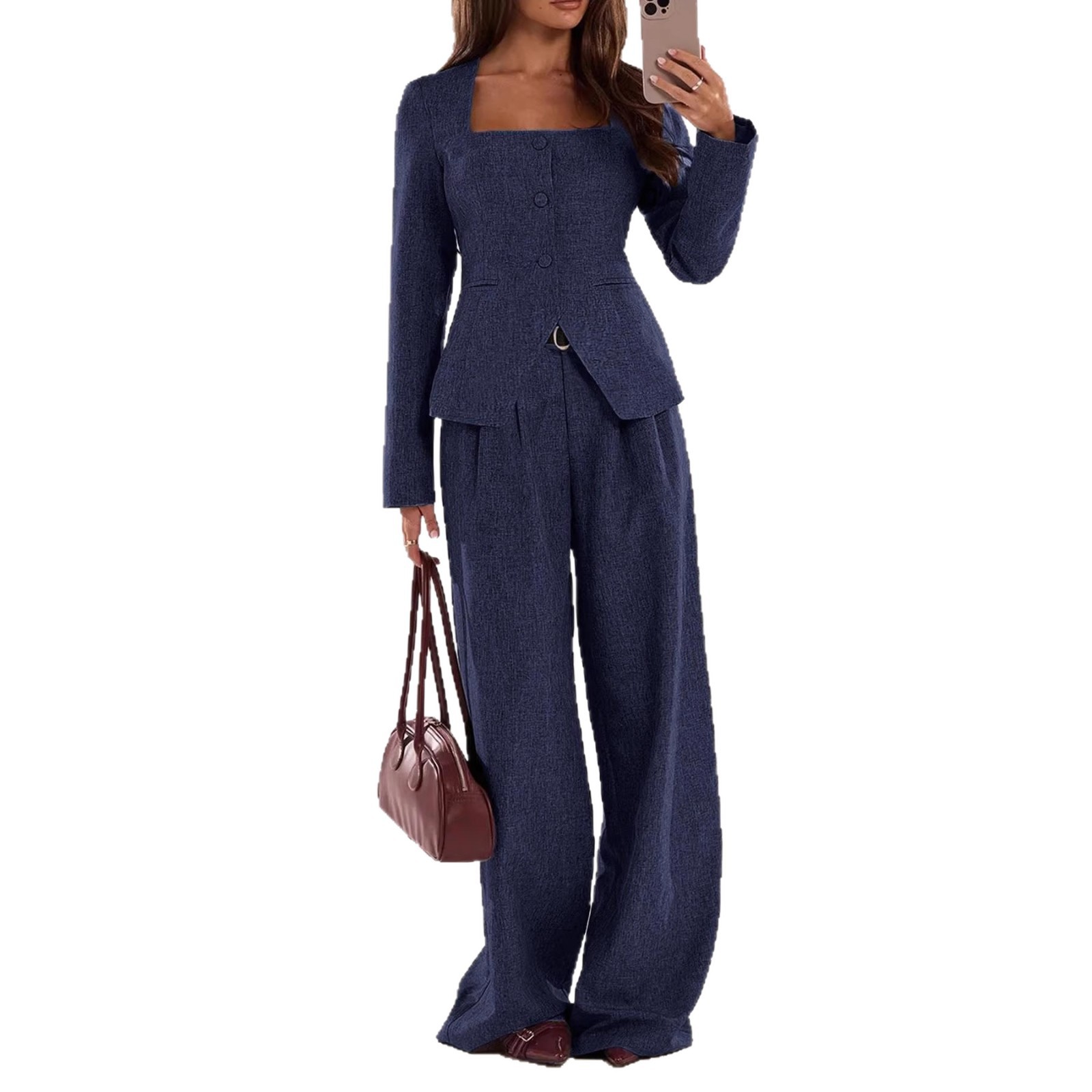 2026 European and American Amazon Foreign Trade Square Collar Single-Breasted Suit and Straight-Leg Trousers Versatile Commuter Blazer