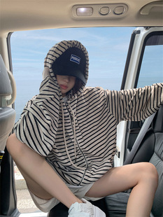[original] Tmall Quality Stripesd Sweatshirt Zipper Cardigan Hooded Female Student Jacket 2024 Spring, Autumn and Winter New Style