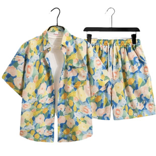 Hawaii Southeast Asia retro flower shirt short sleeve suit for men and women with a set of M-4XL size 180kg beach style