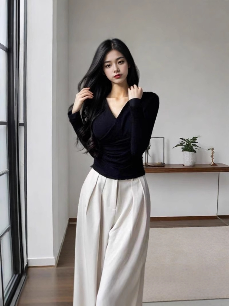 틈새 디자인 센스 V 넥 크로스 긴팔 티셔츠 여성 봄과 가을 슬림 슬리밍 스파이스 걸스 순수한 욕망 패션 탑 인