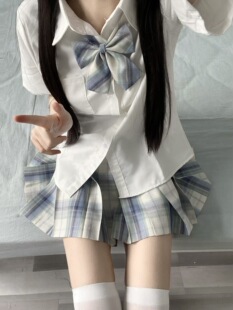 Uniform Suit Plaid Skirt School Style College Style Short-Sleeved Shirt High Waist Pleated Skirt Summer