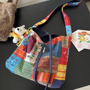 Double Bread Bohemian Denim Canvas Bag All-Match Commuter Tote Bag Two-Face Usable Vintage Contrast Crossbody Bag
