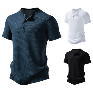 Cross-border Amazon Men's New 4-button Ice Silk T-shirt Men's Henry Collar Casual Fashion Short-sleeved T-shirt