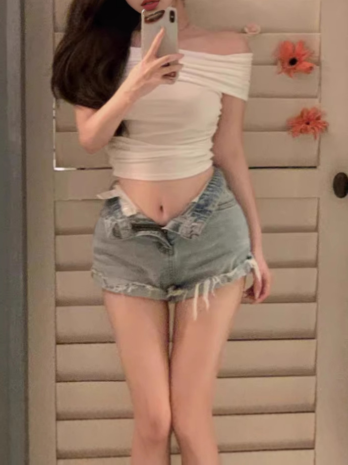 오프 숄더 티셔츠 슬림 핏 타이트한 허리 짧은 탑 섹시한 여자 하향식 셔츠 최고 대외 무역 도매