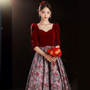2023 New Wine Red Toasting Dress Spring Bridal Evening Dress Fashion Wedding Engagement Home Dress Long