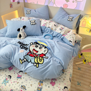 Cute Cartoon Class A Doraemon Towel Embroidered Washed Spongebob Four-piece Quilt Cover Bed Sheet Dormitory Three-piece Set