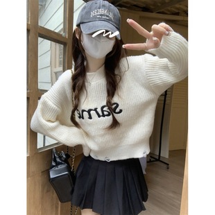 2023 retro lazy style letter knitted sweater for women autumn and winter 2023 New loose short design ripped top