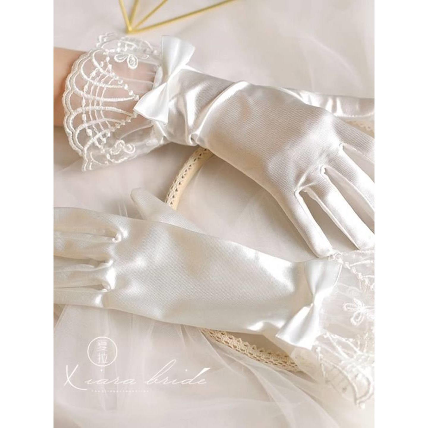 Nuns Gloves White Satin Bow Lace Wedding Short Gloves Wedding Ceremony Wedding Dress Accessories Photo